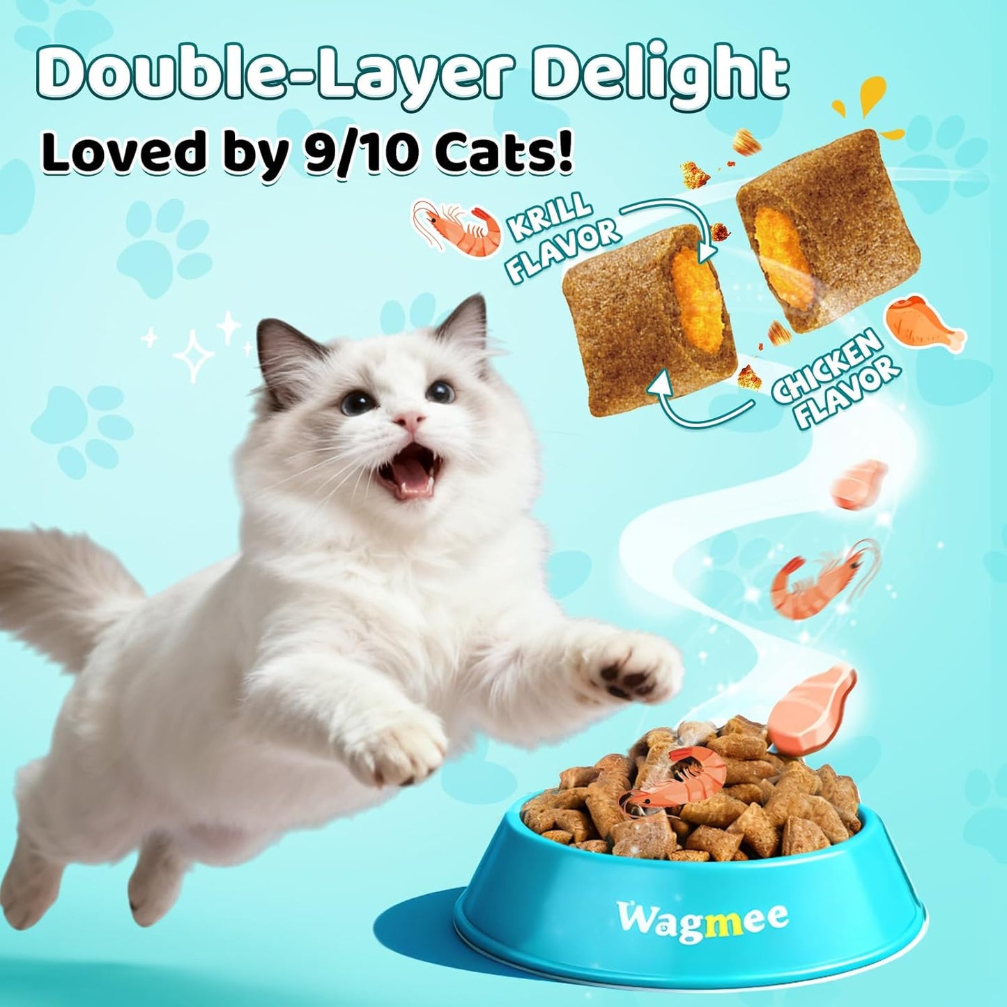 Wagmee Cat Calming Treats - 500 Crunchy & Creamy Cat Chews with Melatonin, Chamomile for Cat Stress and Anxiety Relief - Travel, Vet Visits, Storms and Separation Anxiety, Chicken and Krill Flavor