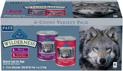 Blue Buffalo Wilderness High Protein Beef and Chicken & Salmon and Chicken Wet Dog Food Variety Pack for Adult Dogs, Grain-Free, 12.5 oz Cans (6 Pack)