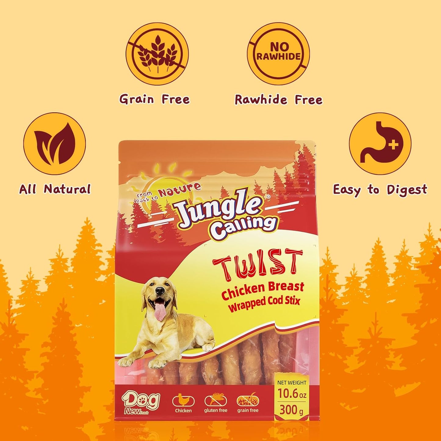 Jungle Calling Rawhide Free Treats for Dogs, Chicken Wrapped Cod Sticks Dog Treats, Soft Chewy Snacks for Training Rewards, 10.6 oz (Chicken)
