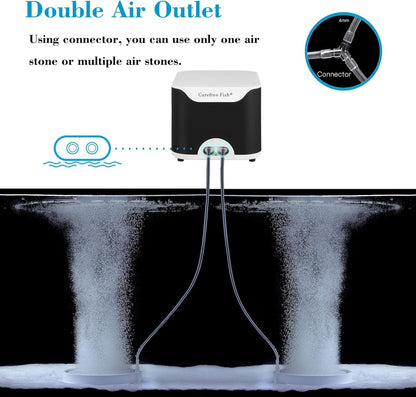 Carefree Fish 5/10W Aquarium Air Pump Dual Outlets Super Quiet Oxygen Pump with 6Ft Silicone Anti-Shedding Tubing and 2 Bubble Stones
