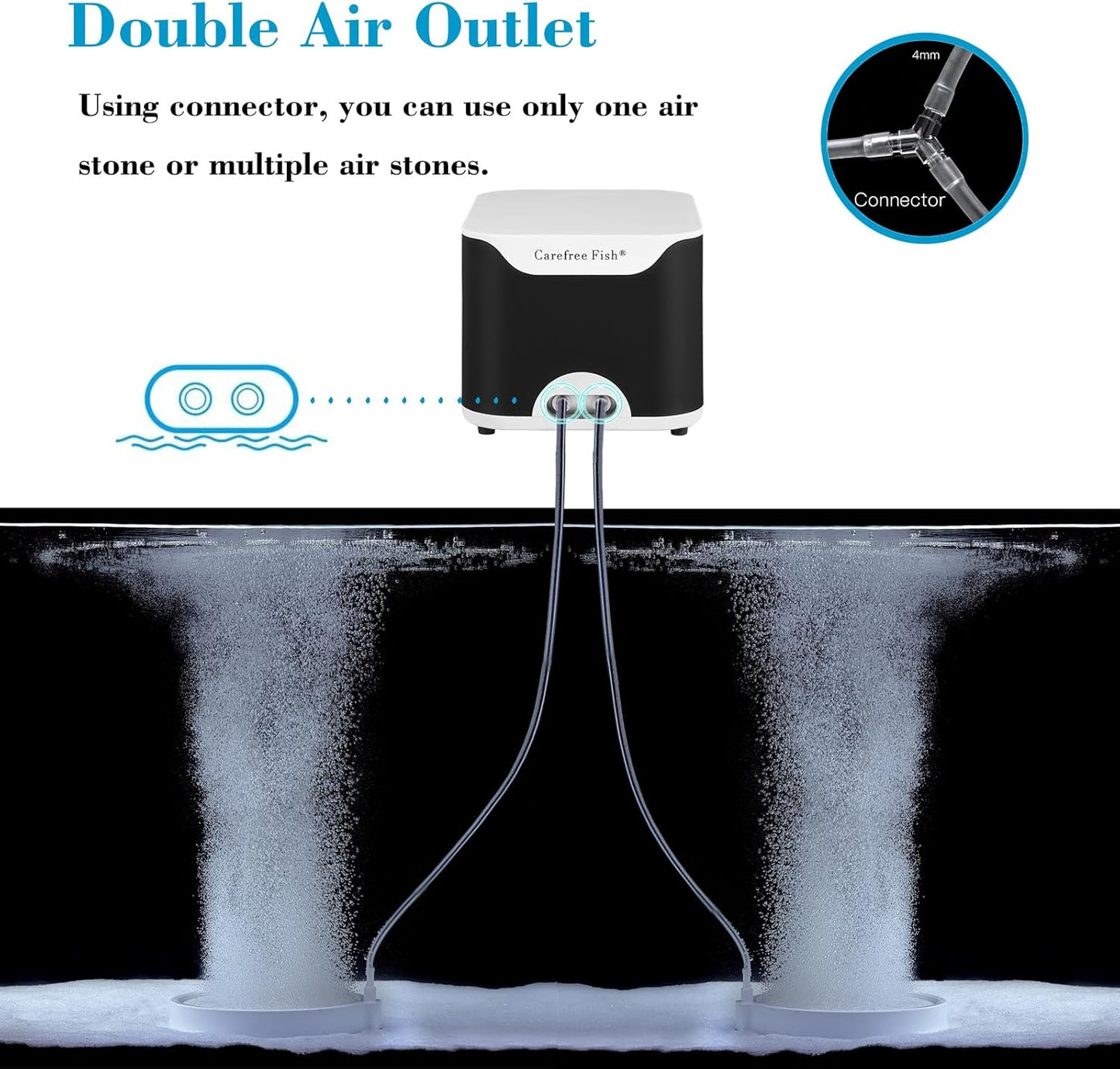 Carefree Fish 5/10W Aquarium Air Pump Dual Outlets Super Quiet Oxygen Pump with 6Ft Silicone Anti-Shedding Tubing and 2 Bubble Stones