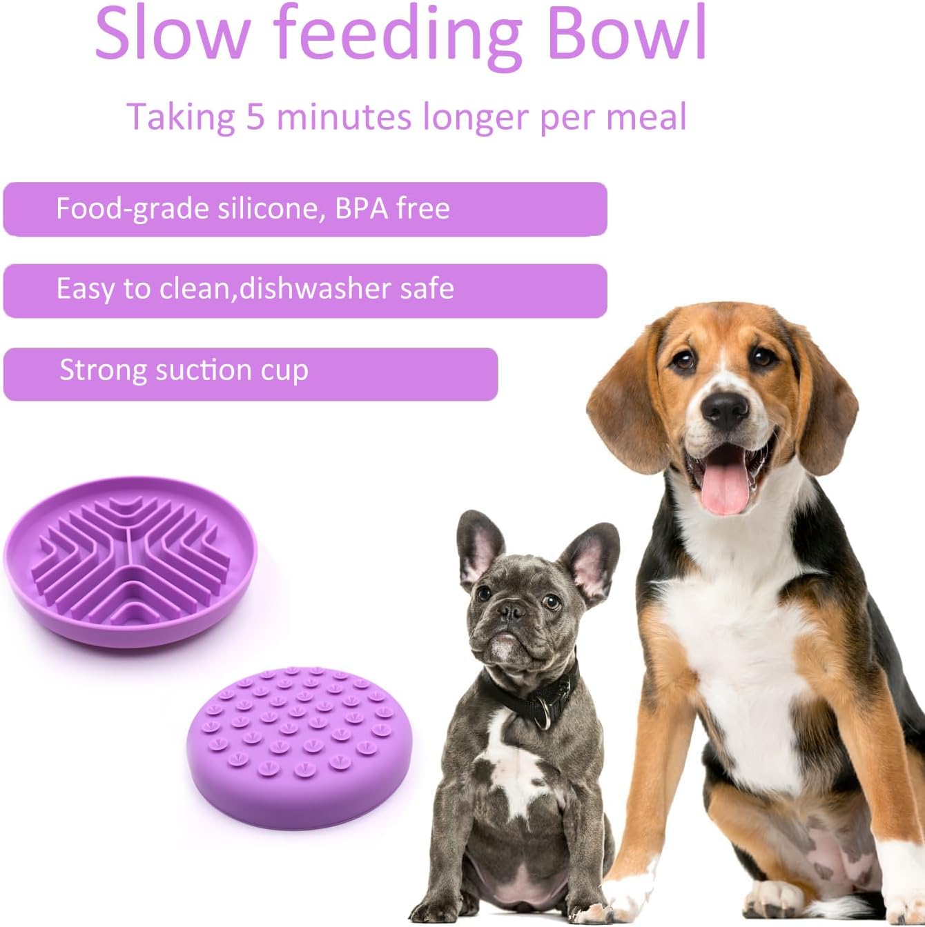 Slow Feeder Bowls for Dogs and Cats, 7.9inch Slow Down Bowl with Suction Cups, Puzzle Pet Bowls Non-Slip Design Dishwasher Microwave Safe (Purple)