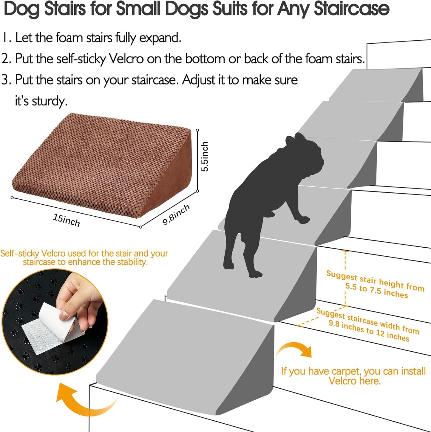 40D Density Foam Dog Ramp for Stairs Suits for Small Dogs Cats, Pet Steps Stairs for Staircase Stairs with Anti-Slip Bottom and Self-Sticky Pads to Fix(6Pack, Reddish Brown)