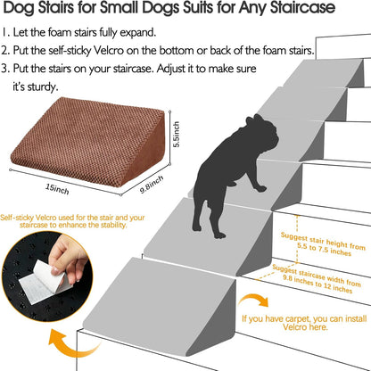 40D Density Foam Dog Ramp for Stairs Suits for Small Dogs Cats, Pet Steps Stairs for Staircase Stairs with Anti-Slip Bottom and Self-Sticky Pads to Fix(6Pack, Reddish Brown)