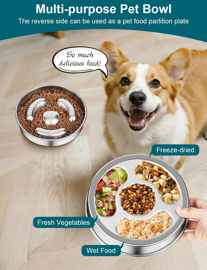 Slow Feeder Dog Bowl Stainless Steel，8-inch Diameter Dog Slow Feeder Bowl，Heavy Duty with Non-Slip Rubber Base，4Cups Capacity for Medium & Large Dogs to Slow Down Eating
