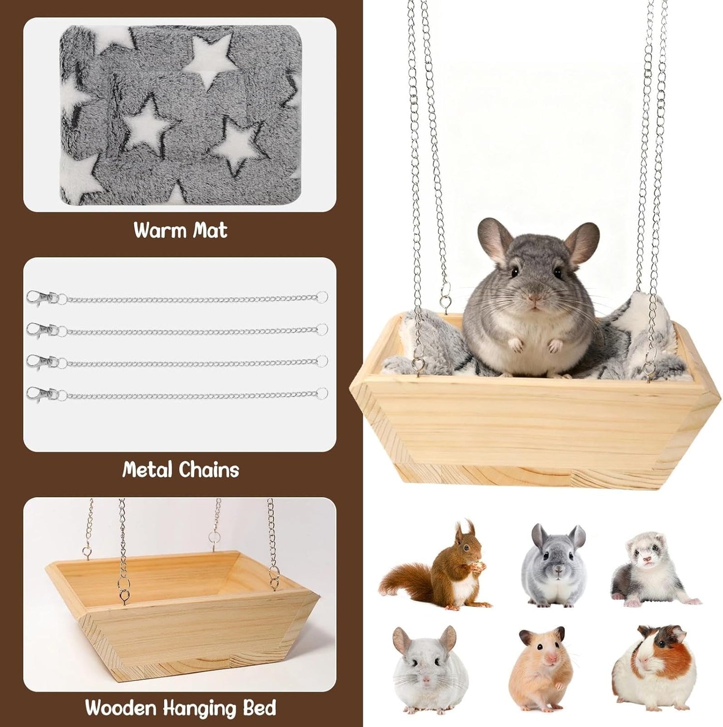 Large Wooden Hanging Bed with Soft Plush Mat for Chinchilla, Hammock for Rat Cage, Guinea Pig Ferret Swing, Small Animal Cage Accessories Resting Nest