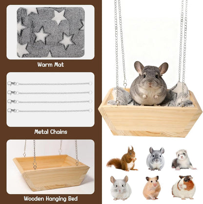 Large Wooden Hanging Bed with Soft Plush Mat for Chinchilla, Hammock for Rat Cage, Guinea Pig Ferret Swing, Small Animal Cage Accessories Resting Nest