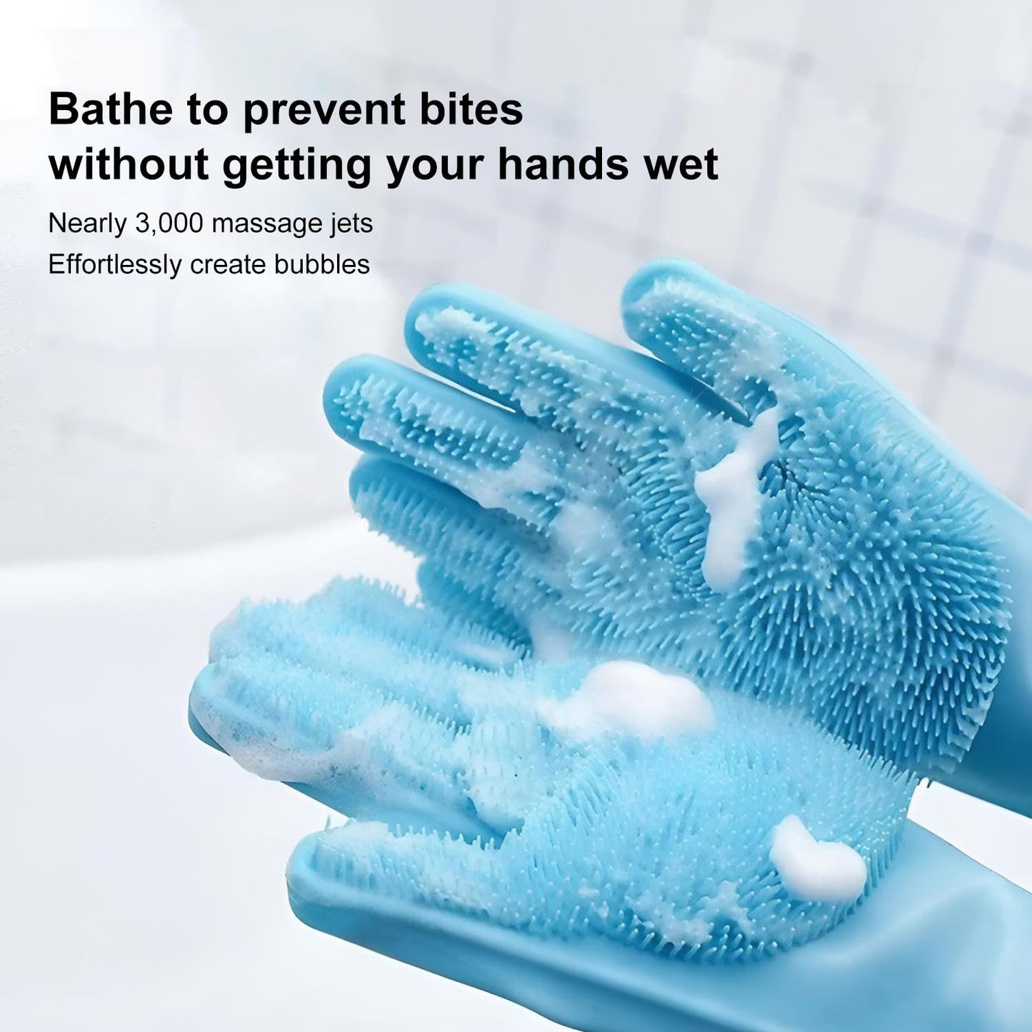 Pet Grooming Gloves, Pet Hair Remover, 2-in-1 Heat Resistant Silicone Gloves with High-Density Teeth, Enhanced Five Finger Design for Bathing, Cleaning Dishes, Cars, Dogs & Cats (Blue)