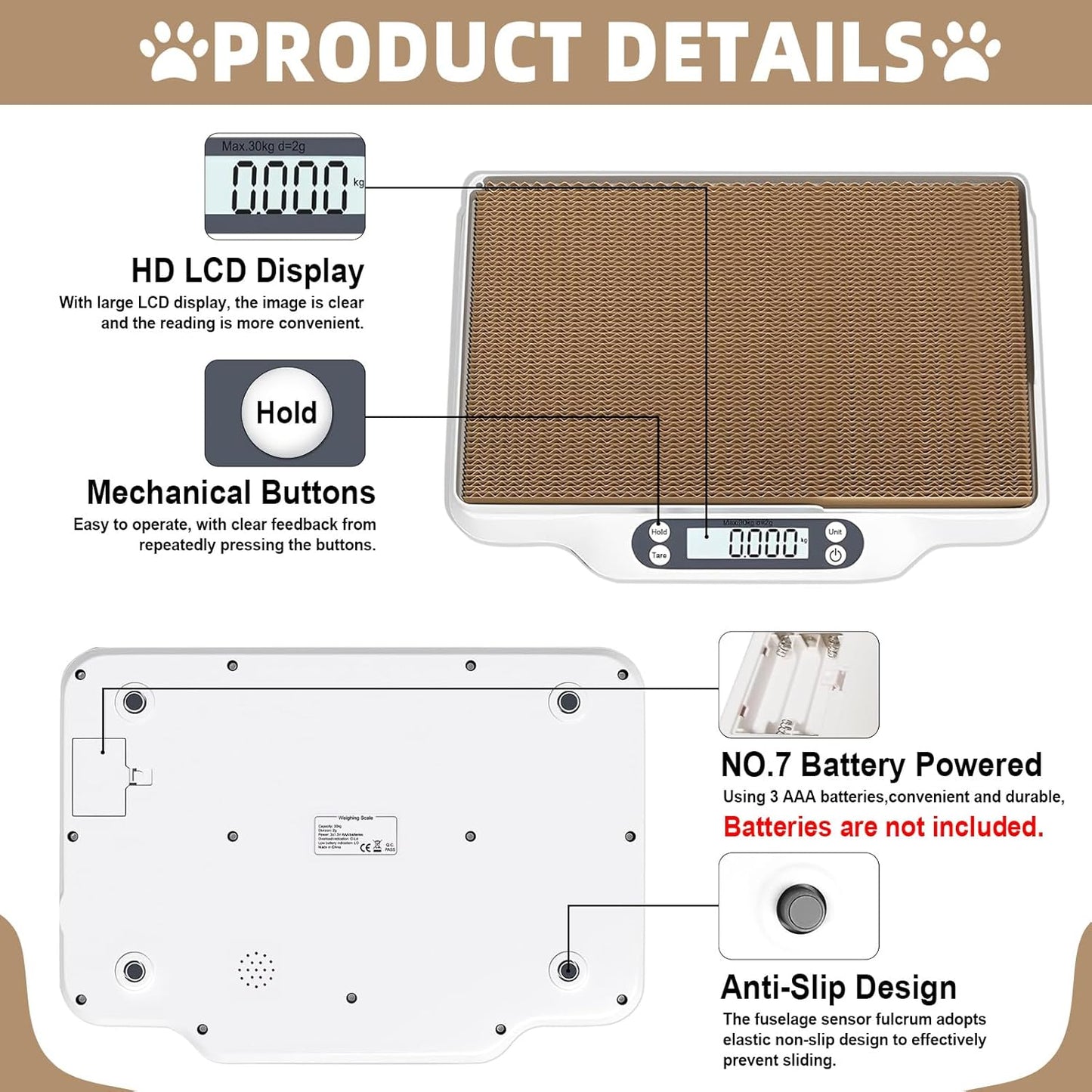 Multifunctional Pet Scale Max 66 Lbs Cat Dog Scale with LCD Display & Hold/Tare Function for Kittens Puppies Includes Scratcher Toys and Health Supplies