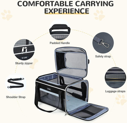 Lekereise Top-Expandable Pet Carrier with Dog Collar Light LED - TSA Airline Approved Soft Sided Underseat Up to 15lbs Travel Carriers for Small Cats and Dogs Black