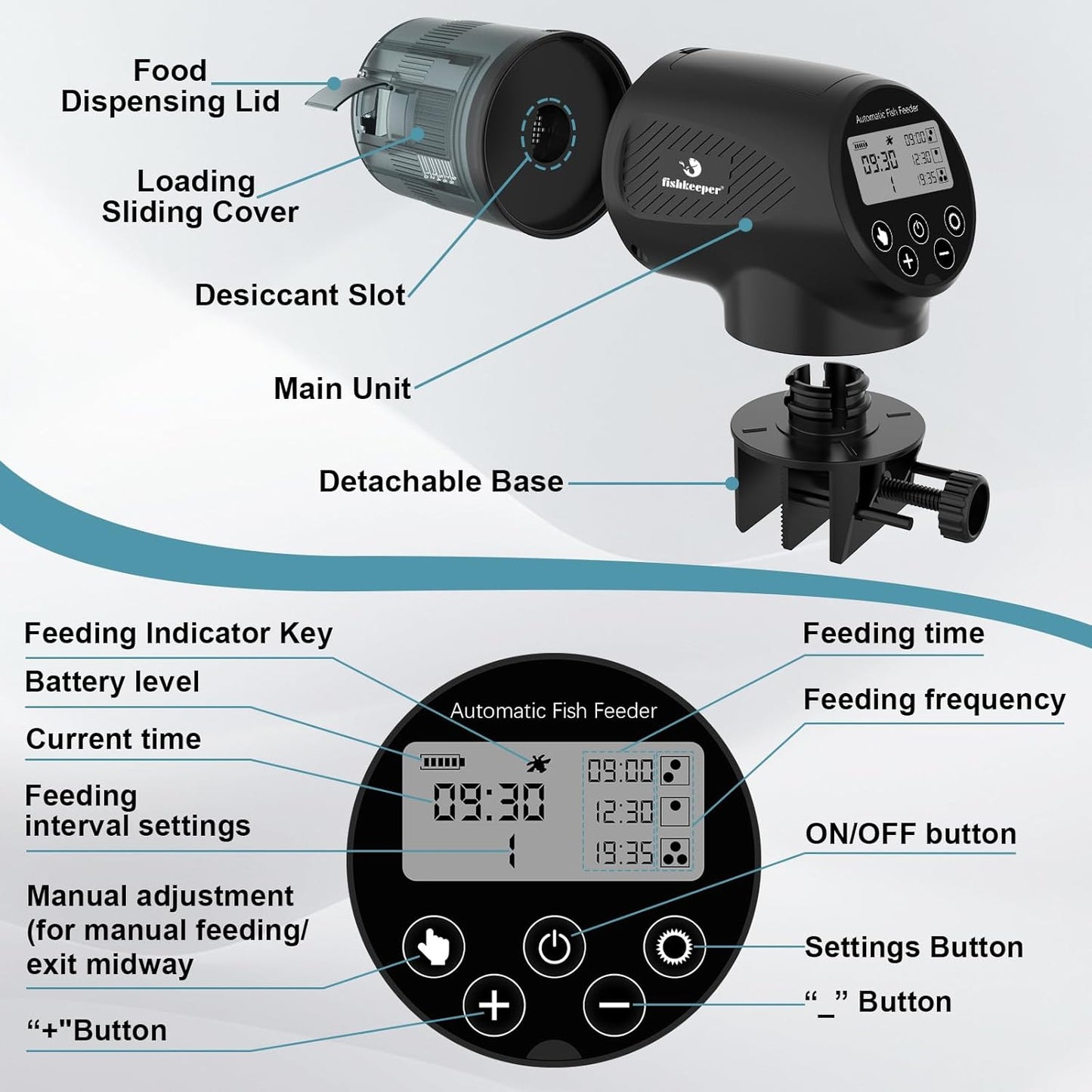 fishkeeper Automatic Fish Feeder for Aquarium - Moisture-Proof and Precision Feeding Auto Fish Food Dispenser with LCD Display Adjustable Betta Vacation Feeder with 2 AA Batteries (200ml)