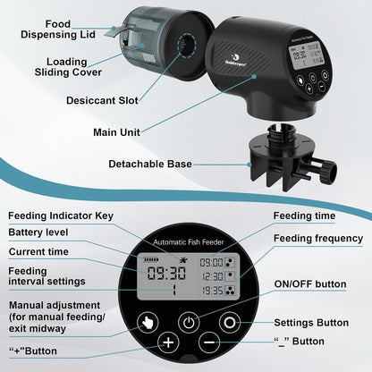 fishkeeper Automatic Fish Feeder for Aquarium - Moisture-Proof and Precision Feeding Auto Fish Food Dispenser with LCD Display Adjustable Betta Vacation Feeder with 2 AA Batteries (200ml)