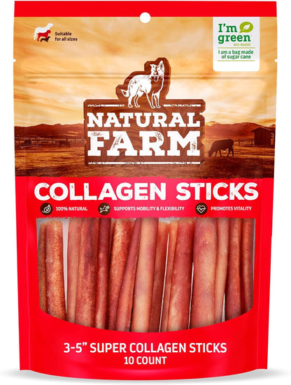 Natural Farm Odor-Free Super Collagen Dog Chews (3-5 Inch, 10-Pack) The First Ever Real Bull Sticks Alternative: 100% Natural Angus Hide Collagen Treats - More Protein, More Chew Time for All Dogs