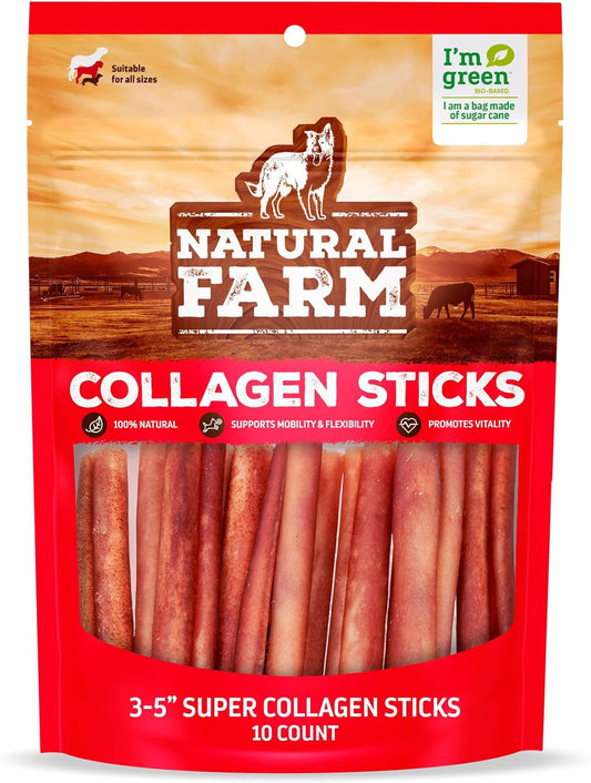 Natural Farm Odor-Free Super Collagen Dog Chews (3-5 Inch, 10-Pack) The First Ever Real Bull Sticks Alternative: 100% Natural Angus Hide Collagen Treats - More Protein, More Chew Time for All Dogs