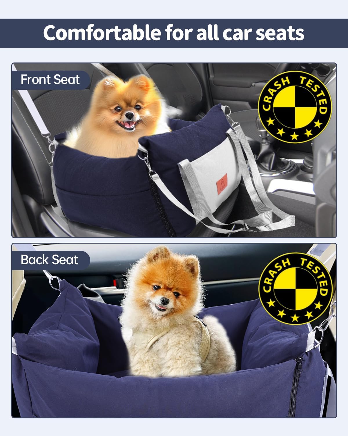 Medium Dog Car Seat for Medium Sized Dogs, Car Seat for Small Dogs with Side Zipper, Waterproof Dog Travel Bed in car with Storage Pockets Up to 25lbs, Memory Foam Filling for Max Support, Dark Blue