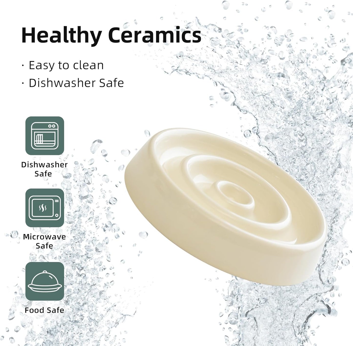 Ceramic Slow Feeder for Cats, Slow Food Bowl, Circle Shape (Bowl x 2 - Cream, 6inch)