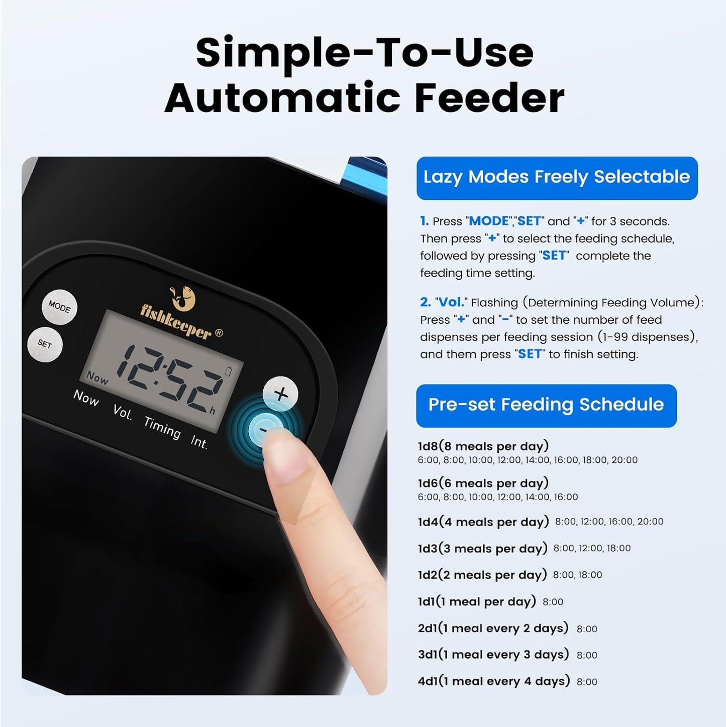 fishkeeper Automatic Fish Feeder for Pond - Weather-Resistant and Tip-Proof Design Precision Feeding for Vacation Dispenser with Timer, Outdoor Koi Fish Feeder, 2.8L LCD Display (Blue)