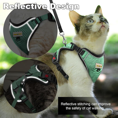 Cat Harness and Leash for Walking, Retractable Cat Harnesses and Leash Set Escape Proof, Breathable Soft Kitten Small Large Harness for Travel Training and Walking, Green, M