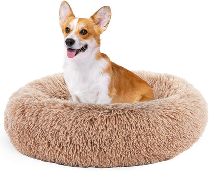 DUMOS 24x24 Inch Calming Donut Dog Beds for Medium Dogs, Machine Washable Cuddler Warming Cozy Fluffy Faux Fur Plush Round Pet Bed, Anti-Slip Bed for Indoor Dogs and Cats, Brown