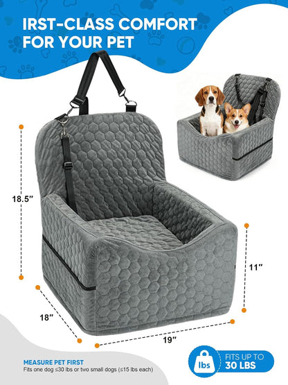 Dog Car Seat for Small/Medium Pets, Adjustable Booster Seat with Safety Leash, Washable Cover & Storage Pockets (Up to 35 lbs, Gray)