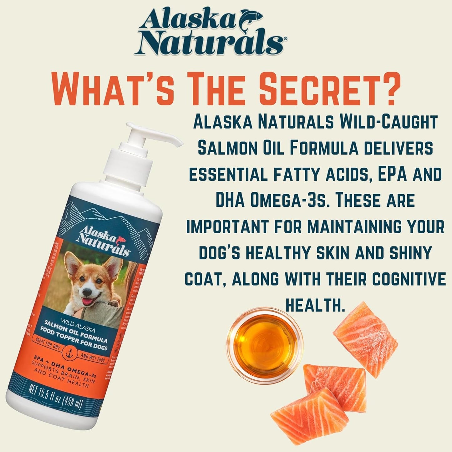 Alaska Naturals Wild Alaskan Salmon Fish Oil Supplement for Dogs Skin and Coat with EPA DHA Omega 3 Fatty Acids Liquid Food Topper 8 oz. Pump