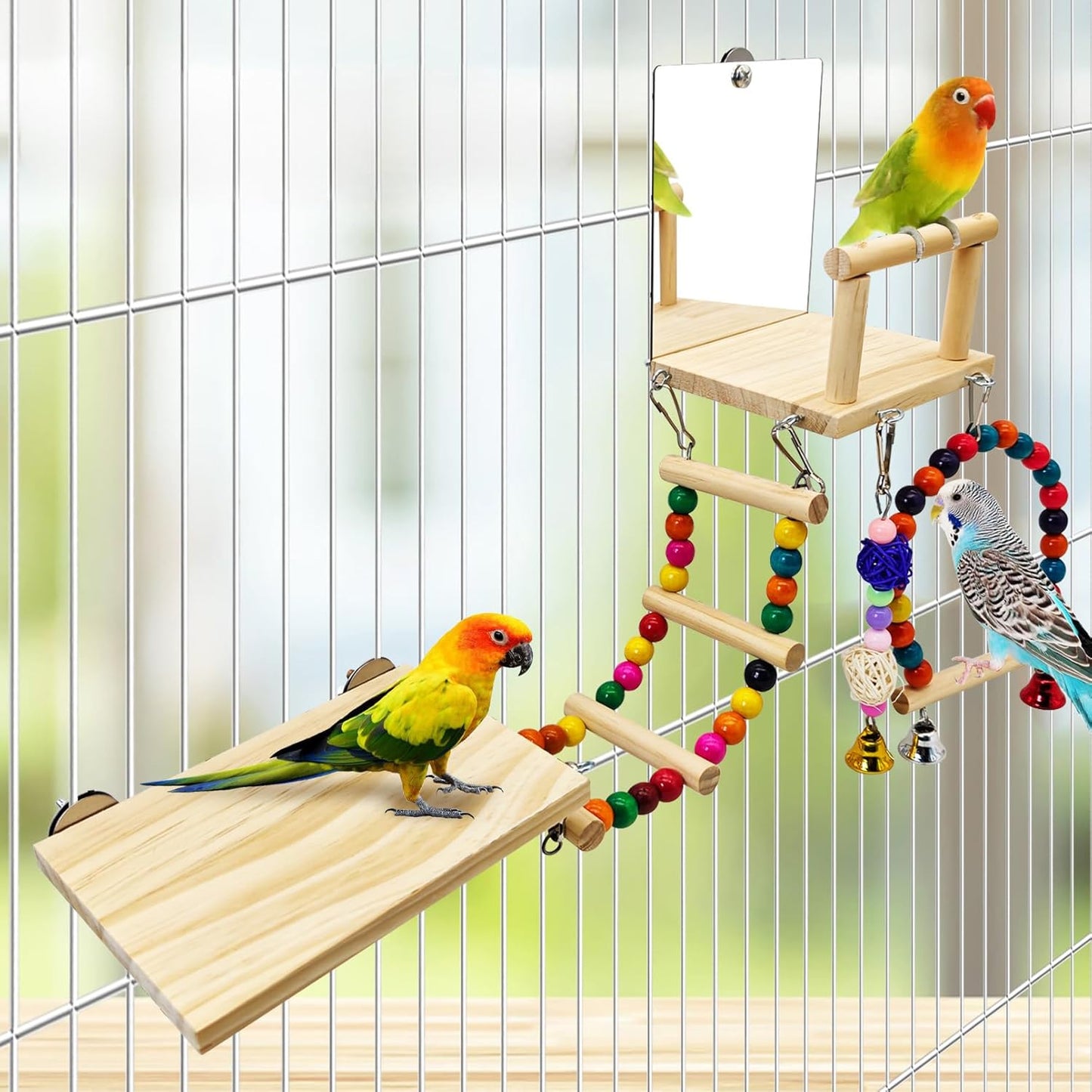 BNOSDM 6in1 Bird Perch Platform Swing Wooden Parakeet Toys with Mirror Playground Climbing Ladder Bird Cage Accessories for Parrot, Budgies, Conures, Finch, Cockatiels, Lovebirds