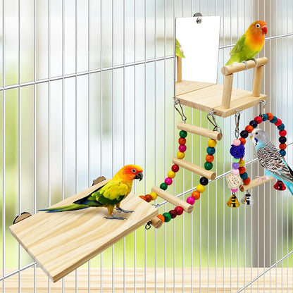 BNOSDM 6in1 Bird Perch Platform Swing Wooden Parakeet Toys with Mirror Playground Climbing Ladder Bird Cage Accessories for Parrot, Budgies, Conures, Finch, Cockatiels, Lovebirds