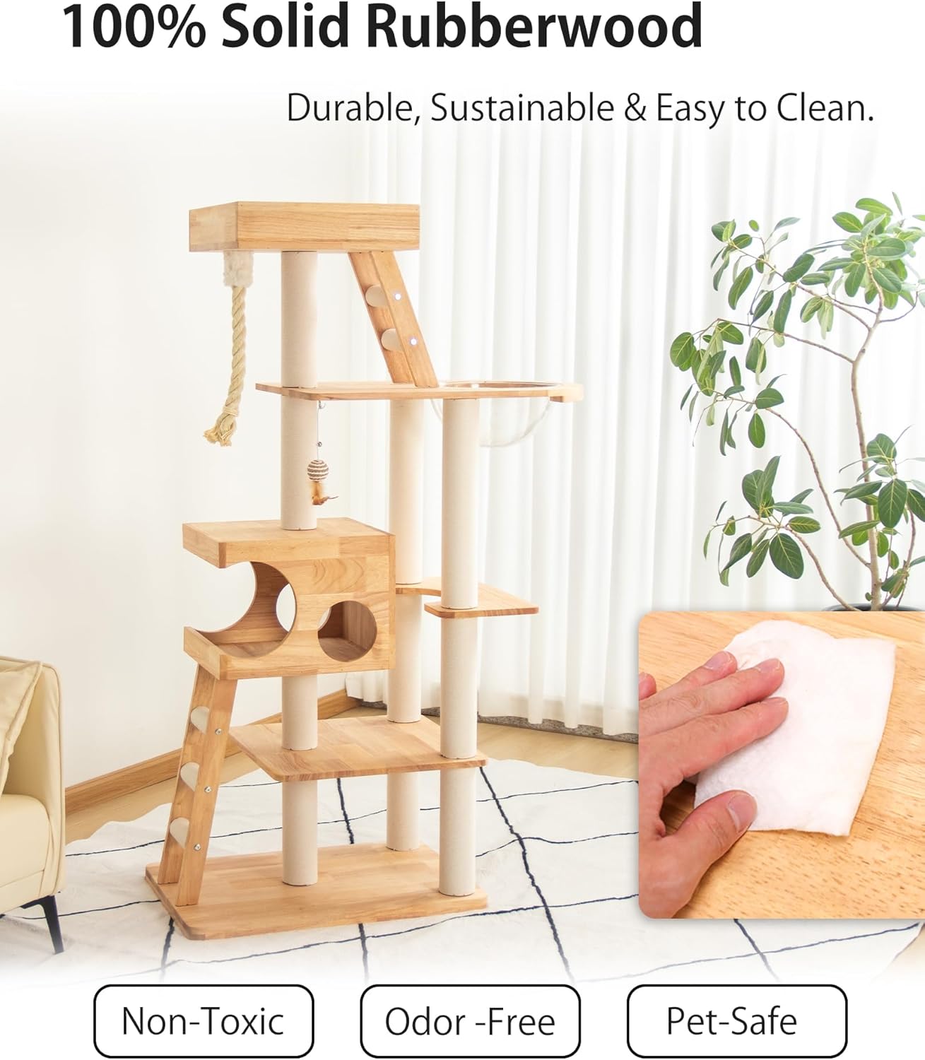 Wood Cat Tree for Large Cats, 62-Inch Tall Modern Cat Tower with Condo & Scratching Posts - Easy to Clean, Heavy-Duty, Furniture-Grade Design for Stable Climbing, Eco-Friendly (White 62'')