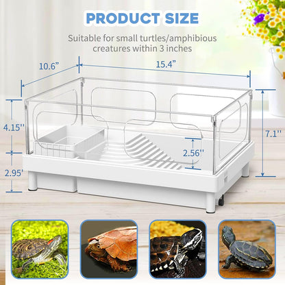 Small Turtle Tank with Filter, Turtle Aquarium, Acrylic Turtle Terrarium with Basking Platform, Bottom Drainage, Multi-Function Areas for Turtles, Crayfish, Small Reptiles (Tank+Filter)