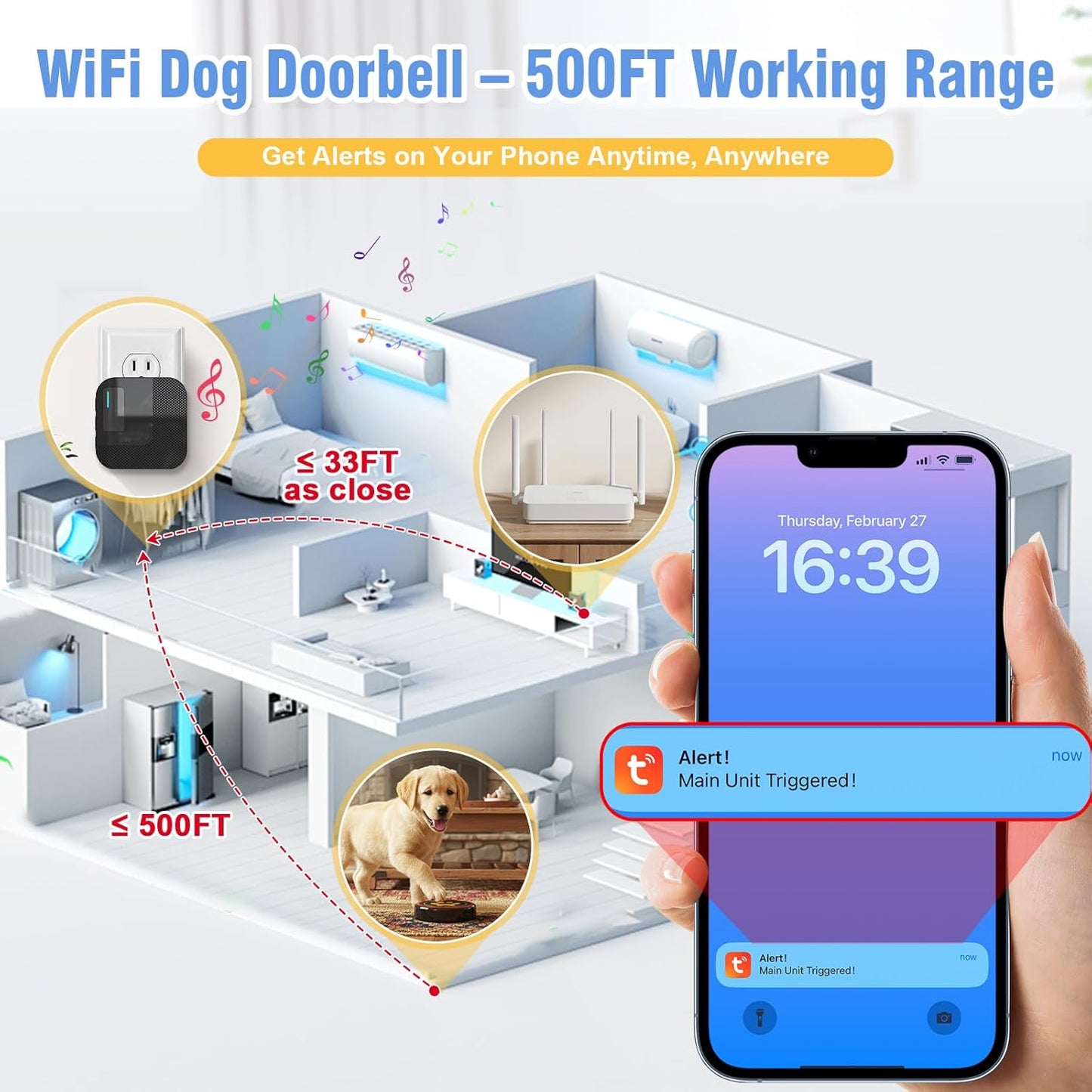 ChunHee WiFi Smart Dog Door Bell for Potty Training to Go Outside–Wireless Doggy Doorbell with Tuya Phone Notification–Waterproof Touch Button and Adjustable Volume, Multi-User Alerts(2 Dog Buttons)