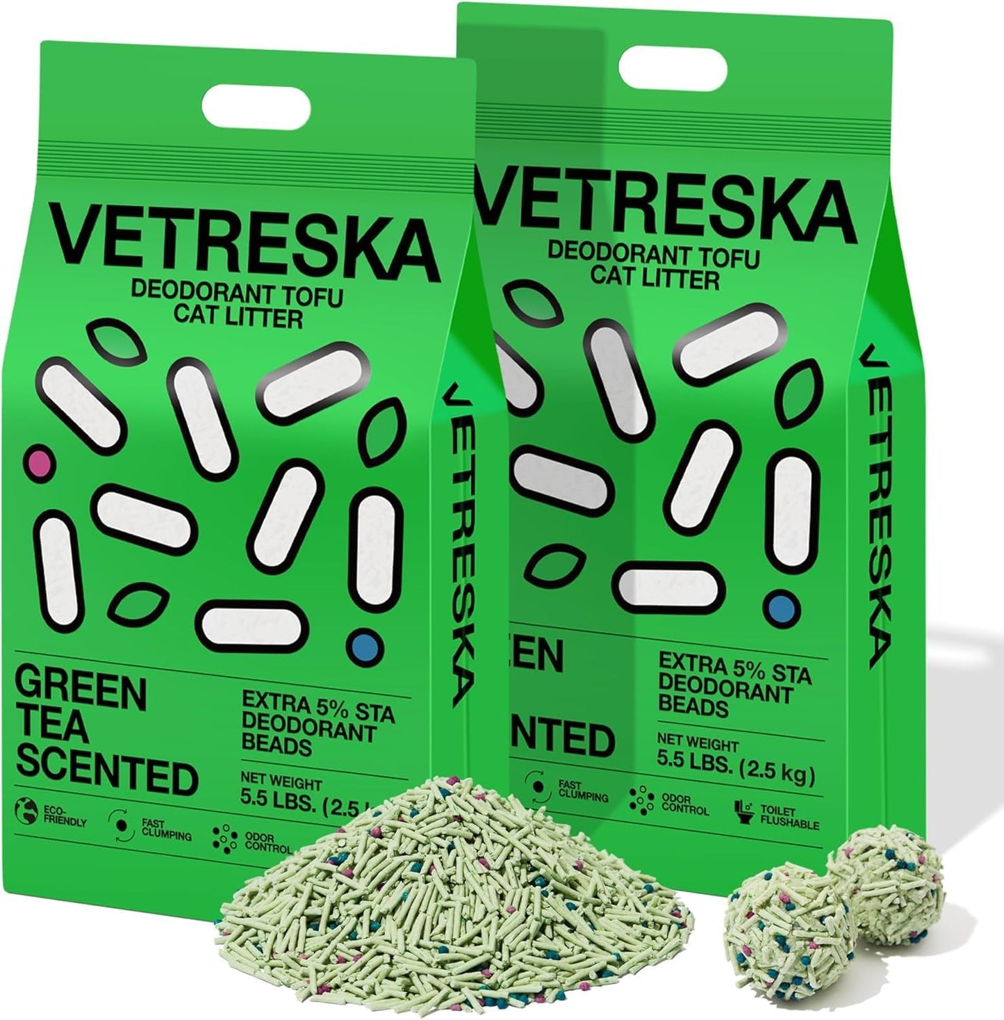 VETRESKA Tofu Cat Litter,Natural Kitty Litter Strong Clumping Flushable Cat Litter Pellets Ultra Absorbent,Odor Control,Dust-Free,Low Tracking Eco-Friendly Tofu Litter,Greentea(5.5lb×2bags)