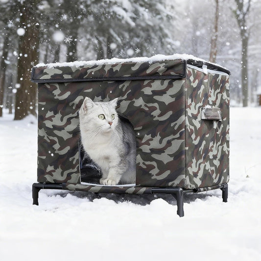 Elevated Cat House for Outdoor Cats,Outside Cat House Weatherproof Outdoor Cat Feeding Satation for Winter,Insulated Pet Shelter for Feral & Stray Cats,Waterproof,Durable & Scratch-Resistant