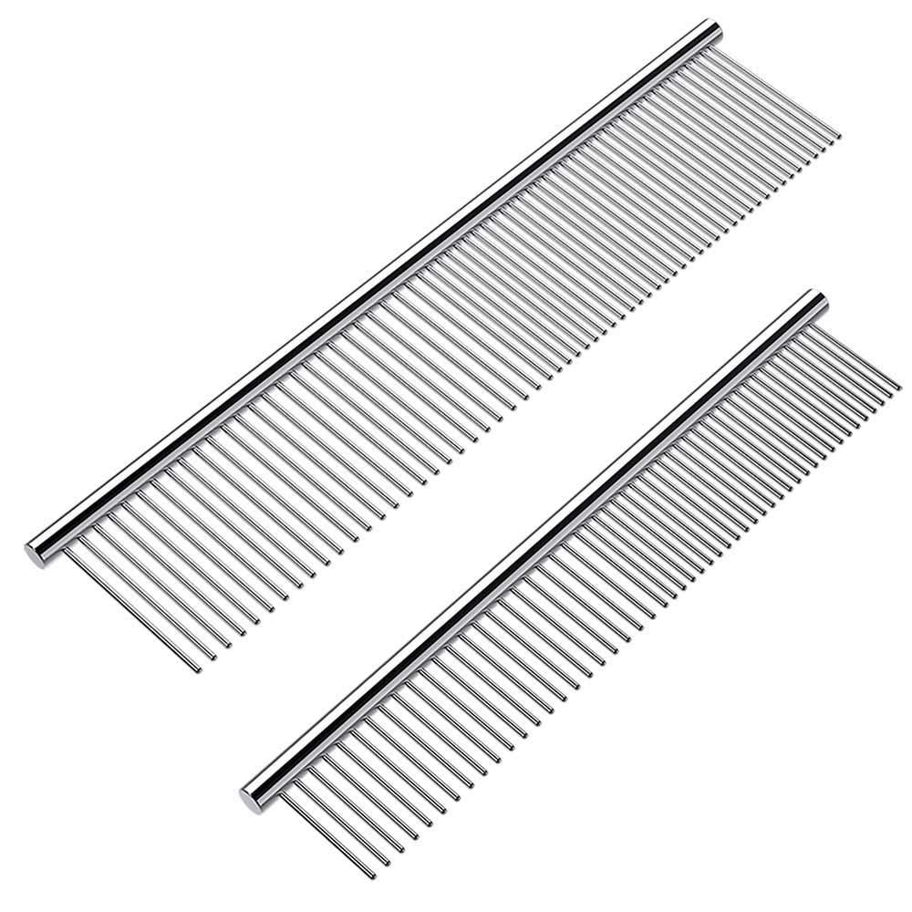 2 Pack Dog Combs with Rounded Ends Stainless Steel Teeth, Cat Comb for Removing Tangles and Knots, Professional Grooming Tool for Long and Short Haired Dog, Cat and other pets, 6.3IN/7.4IN