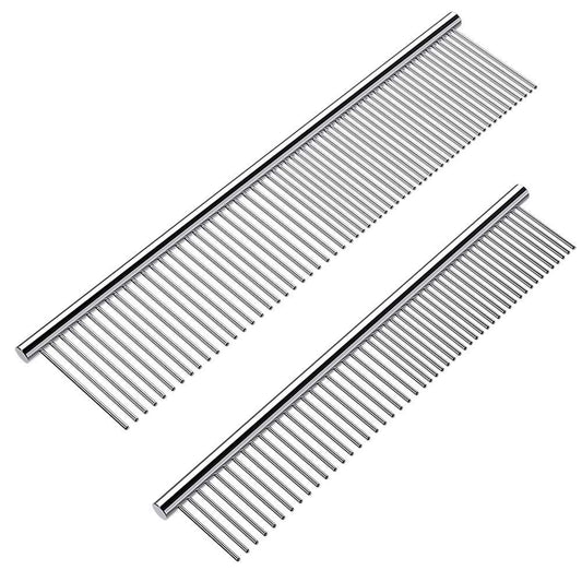 2 Pack Dog Combs with Rounded Ends Stainless Steel Teeth, Cat Comb for Removing Tangles and Knots, Professional Grooming Tool for Long and Short Haired Dog, Cat and other pets, 6.3IN/7.4IN