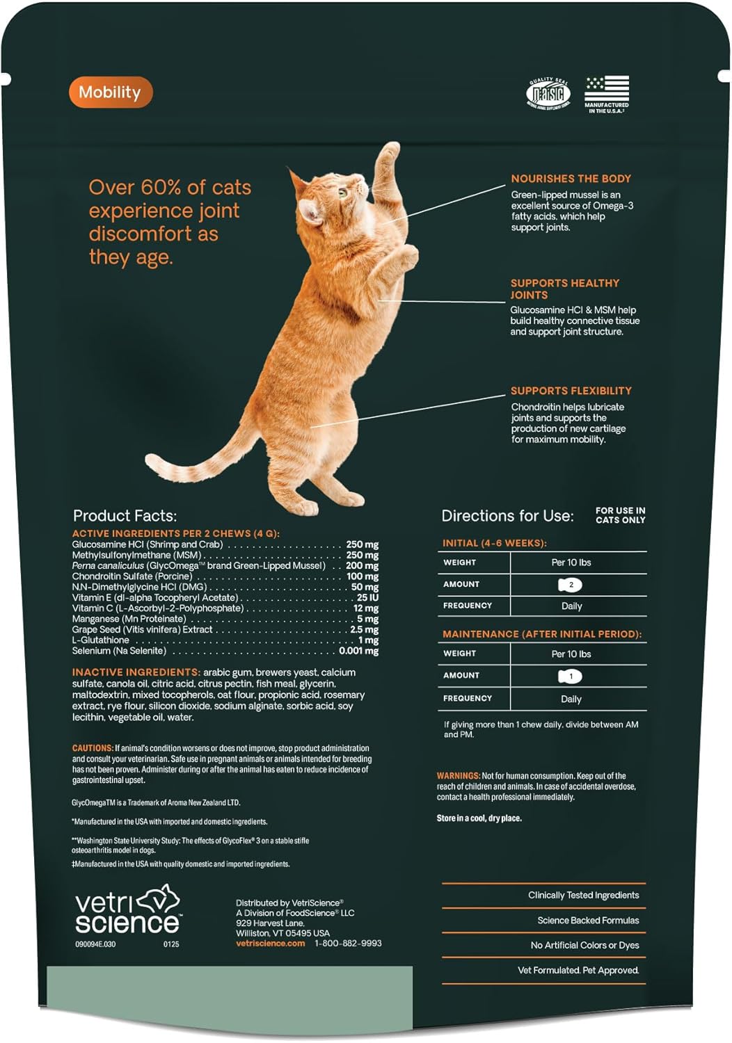 VetriScience Ultimate Strength Healthy Hip & Joint Chews, GlycoFlex Glucosamine, Chondroitin and Green-Lipped Mussel Joint Supplement for Cats, Soothe Joint Discomfort, Fish, 30 Count