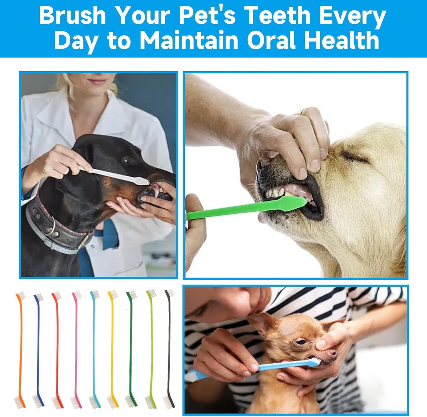 200 Pcs Dog Toothbrush Dual Headed Dental Brushes Puppy Tooth Brushing Kit Long Handle Toothbrush for Small to Large Dog, Cat, Puppy & Kitten, 10 Colors