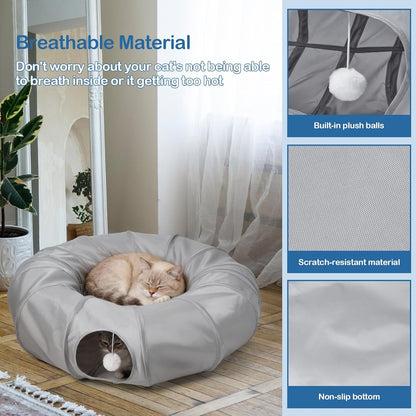 Odoland Cat Play Tunnel with Bed - Indoor Kitten Couch, Detachable Cats Cave Donut Tunnel & Interactive Cats Toys for Indoor Cat Puppy Rabbit and Ferret Grey