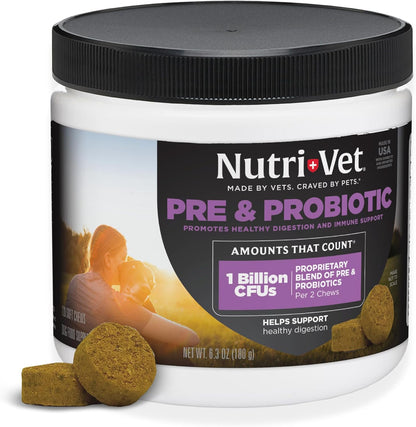 Nutri-Vet Pre & Probiotics for Dogs, Digestive Support, Upset Stomach, Puppy Probiotic, Pet Vitamins and Supplements, Dog Probiotics, Liver & Cheese Flavor, 120 Soft Chews
