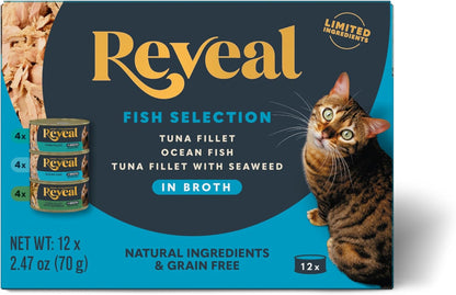 Reveal Natural Wet Canned Cat Food, Limited Ingredient, Grain-Free, High Protein with No Artificial Additives, Fish Variety in Broth (12 x 2.47 oz Cans)