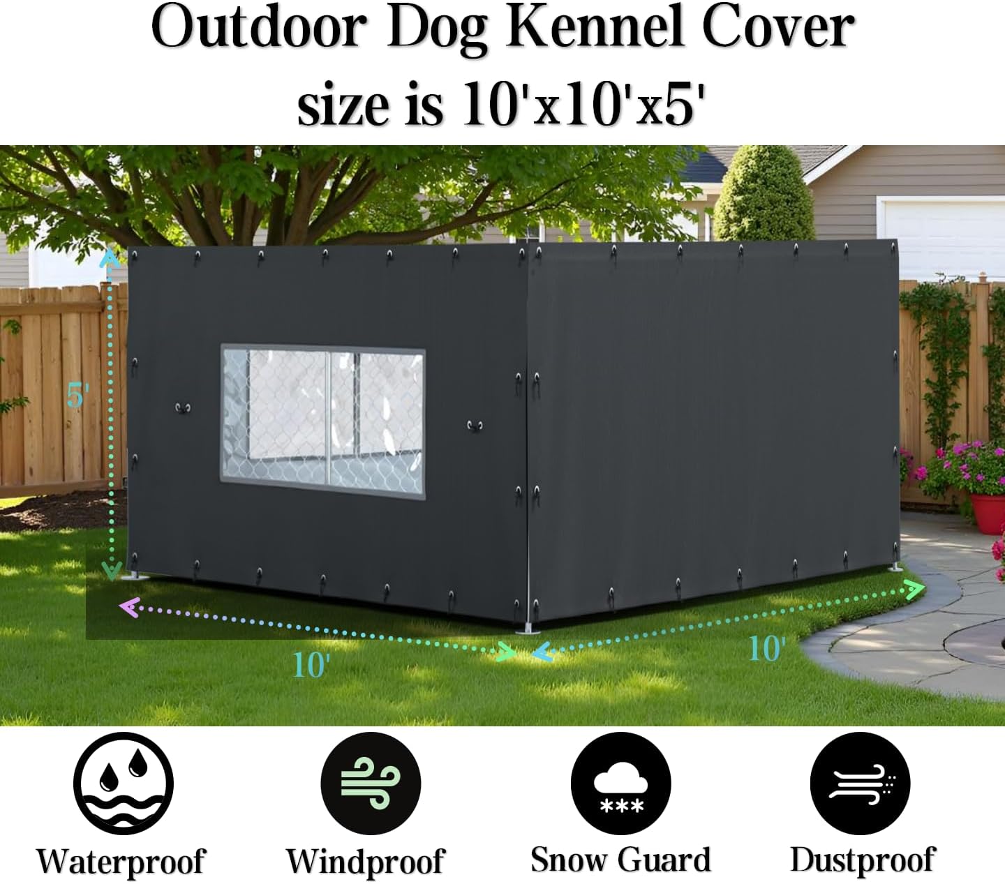 Outdoor Kennel Enclosure Cover, Kennel Side Cover Suitable for 10'W x 10'L Outdoor Kennels, Featuring Multiple Elastic Ball Ropes and a Winter Kennel Side Cover with Observation Window.