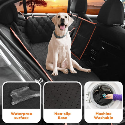 Waterproof Dog Car Seat Cover, Black with Orange Trim, Universal Size Back Seat Protector with Mesh Window, Storage Pocket, Side Flaps for Car, Truck, SUV