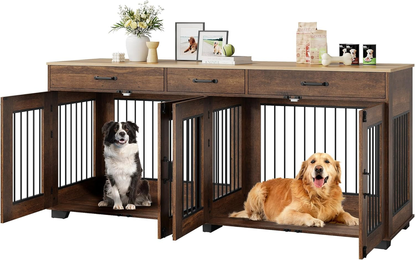 Modern Double Dog Crate Furniture – 71" Indoor Kennel with Divider & 3 Storage Drawers, Heavy Duty Pet Bed & Multi-Functional TV Stand End Table for Medium to Large Breeds – Color: Vieira oak veneer +