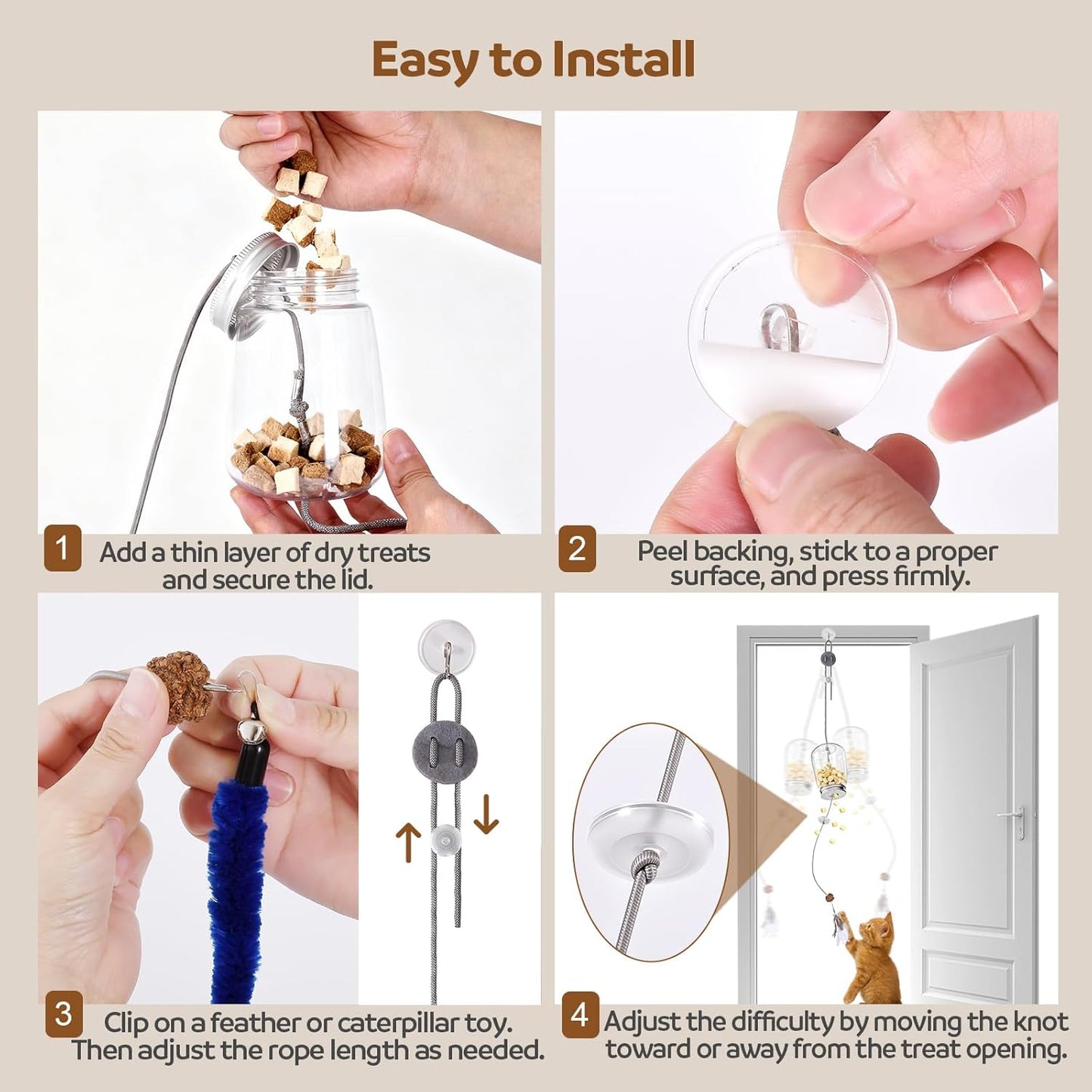 2-in-1 Cat Toy Interactive Feather Toy Door Hanging Kitty String Treat Toy Retractable Doorway Kitten Self Play Teaser Wand Toy Enrichment Accessories for Bored Indoor Kitten Adult Cat
