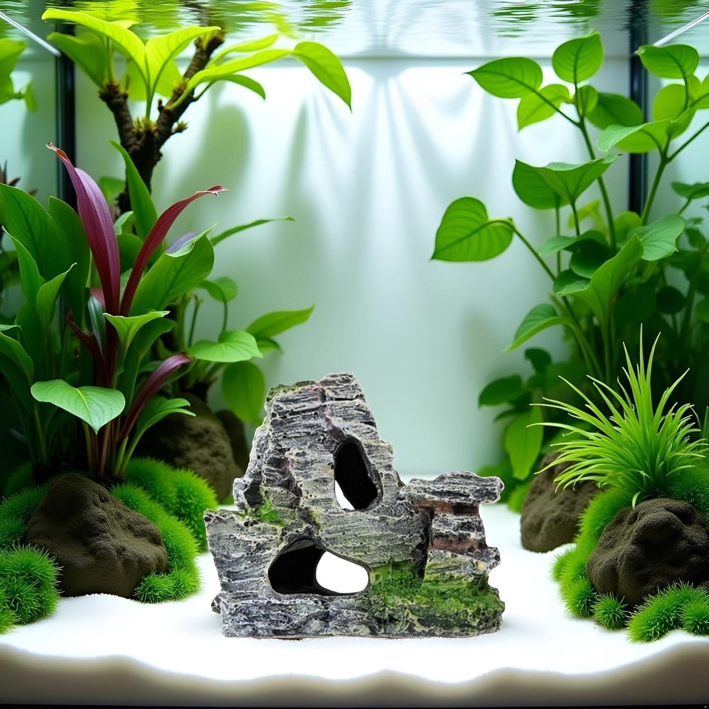 Resin Aquarium Mountain Decor with Moss Rock Cave - Multi-Level Terrain for Fish Tank Landscaping, Natural-Looking Rockery Design with Hidden Cave and Crevices for Shrimp, Reptile Habitat