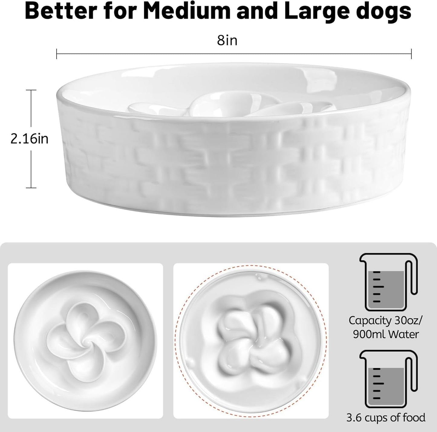 Slow Feeder Dog Bowls, Non Slip Ceramic Dog Bowl with Silicone Base, Slow Eating and Water Drinking Bowls, Heavy Food Bowl for Medium and Large Breed(White, 8")