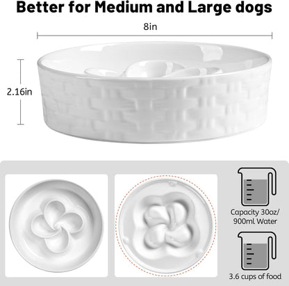 Slow Feeder Dog Bowls, Non Slip Ceramic Dog Bowl with Silicone Base, Slow Eating and Water Drinking Bowls, Heavy Food Bowl for Medium and Large Breed(White, 8")