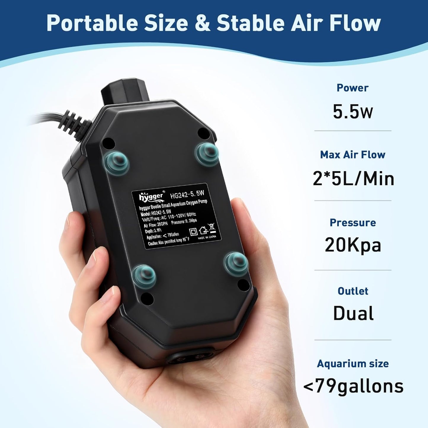 hygger Aquarium Air Pump, Ultra Quiet Oxygen Aerator with Air Stone Airline Tubing Check Valve, Aquarium Fish Tank Air Bubbler for 3 to 79 Gallon Tank and Bucket