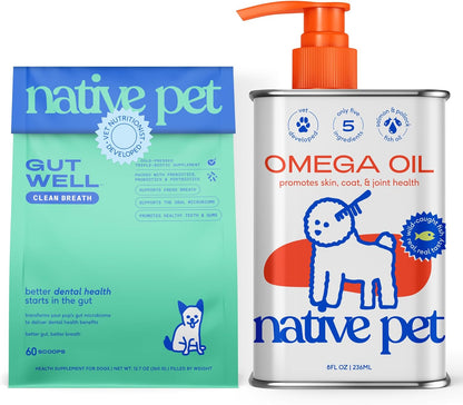 Native Pet Fresh Breath & Skin Support Bundle: 60 Scoops GutWell Clean Breath - Dog Breath Freshener & 8 Oz. Omega 3 Fish Oil for Dogs & Cats - Promotes Healthy Skin, Shiny Coat, & Strong Joints
