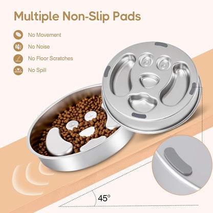 Slow Feeder Dog Bowls, Stainless Steel with Non-Slip Silicone Base Metal Bowl, 2 Cups Large Capacity Slow Feed for Small, Medium, Large Breed Dogs