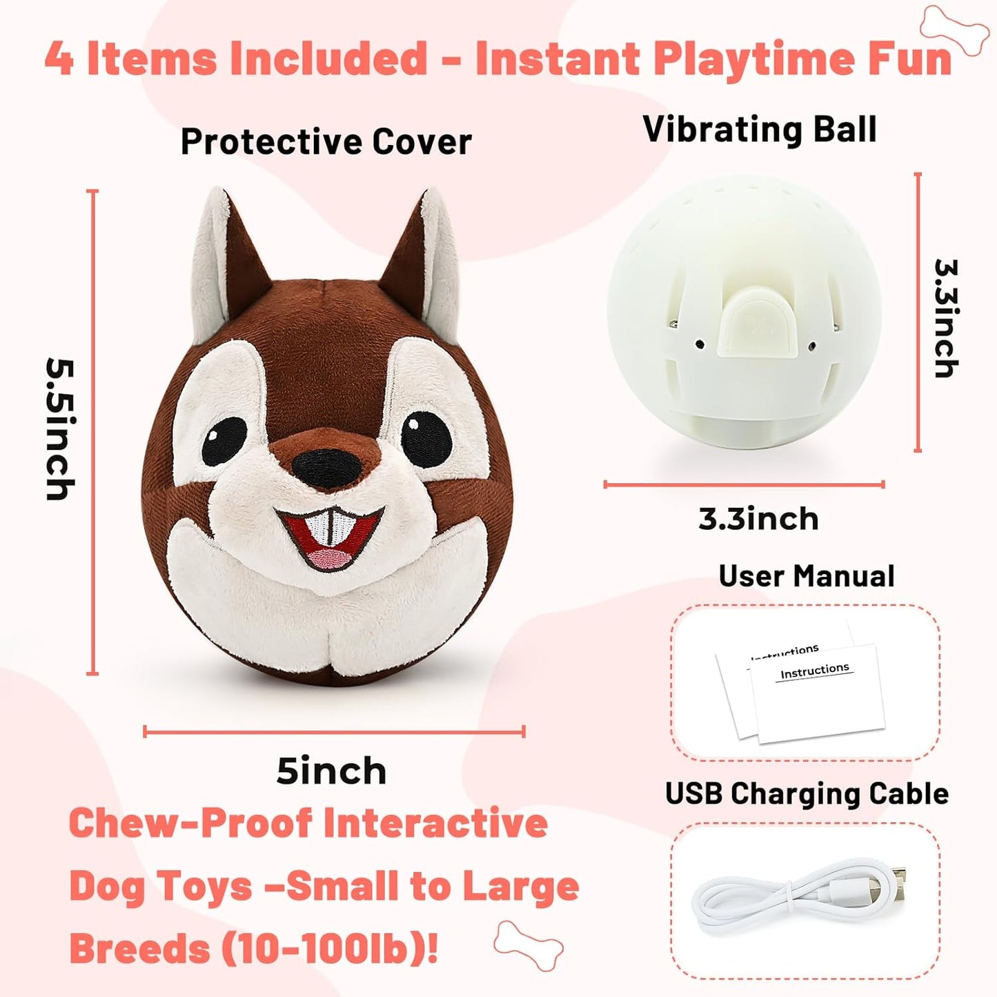 Interactive Dog Toys - Auto Bounce, Move & Vibrate with Sound, Talking Squirrel Puppy Toy for Small Medium Large Dogs, Rechargeable Durable Toy for Anxiety Relief, Boredom & Indoor Play